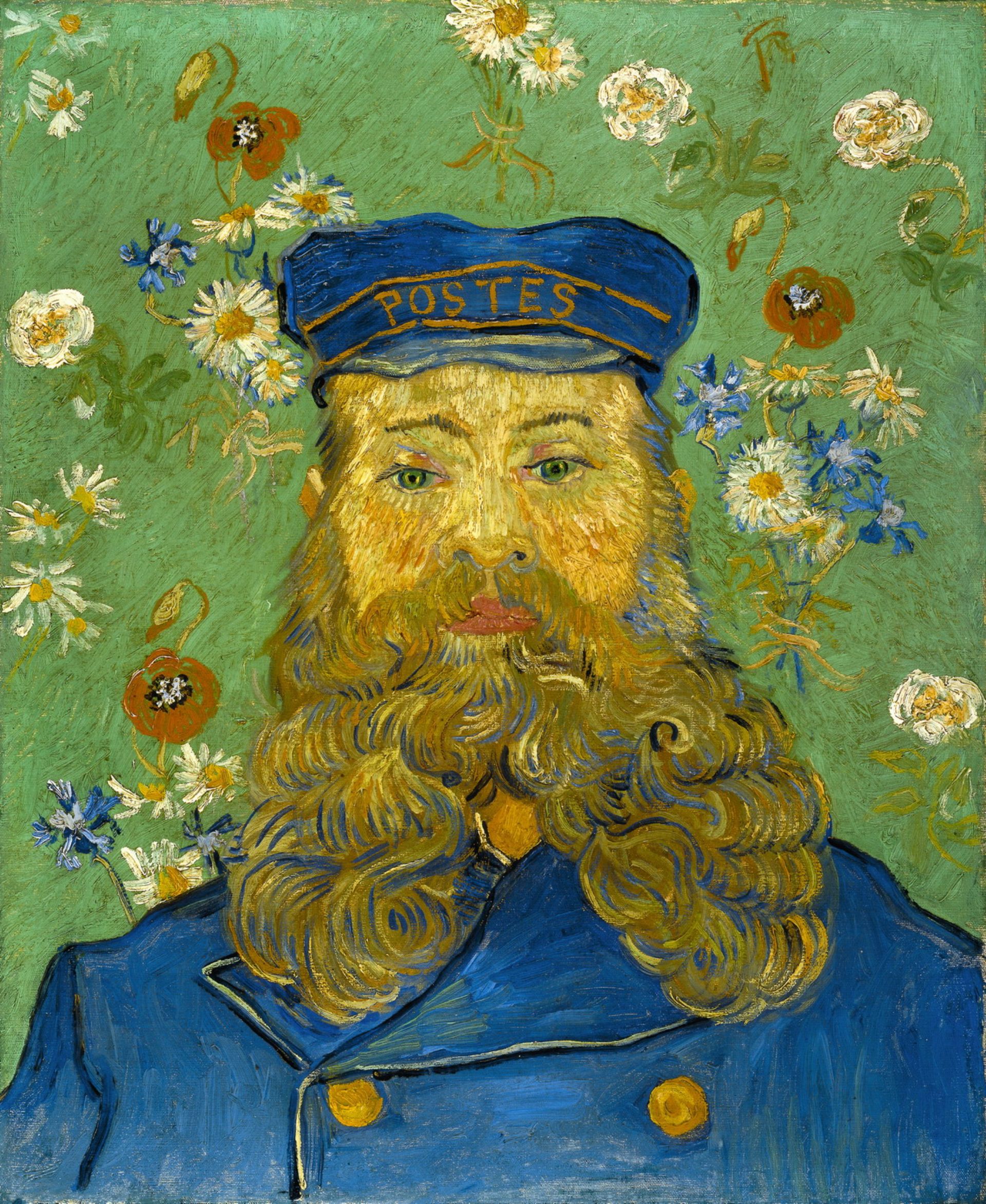 Een schilderij van een man met een grote krullende baard. Hij zit voor een groene achtergrond met bloemen. Hij draagt een blauwe jas en een blauwe pet waarop postes staat.