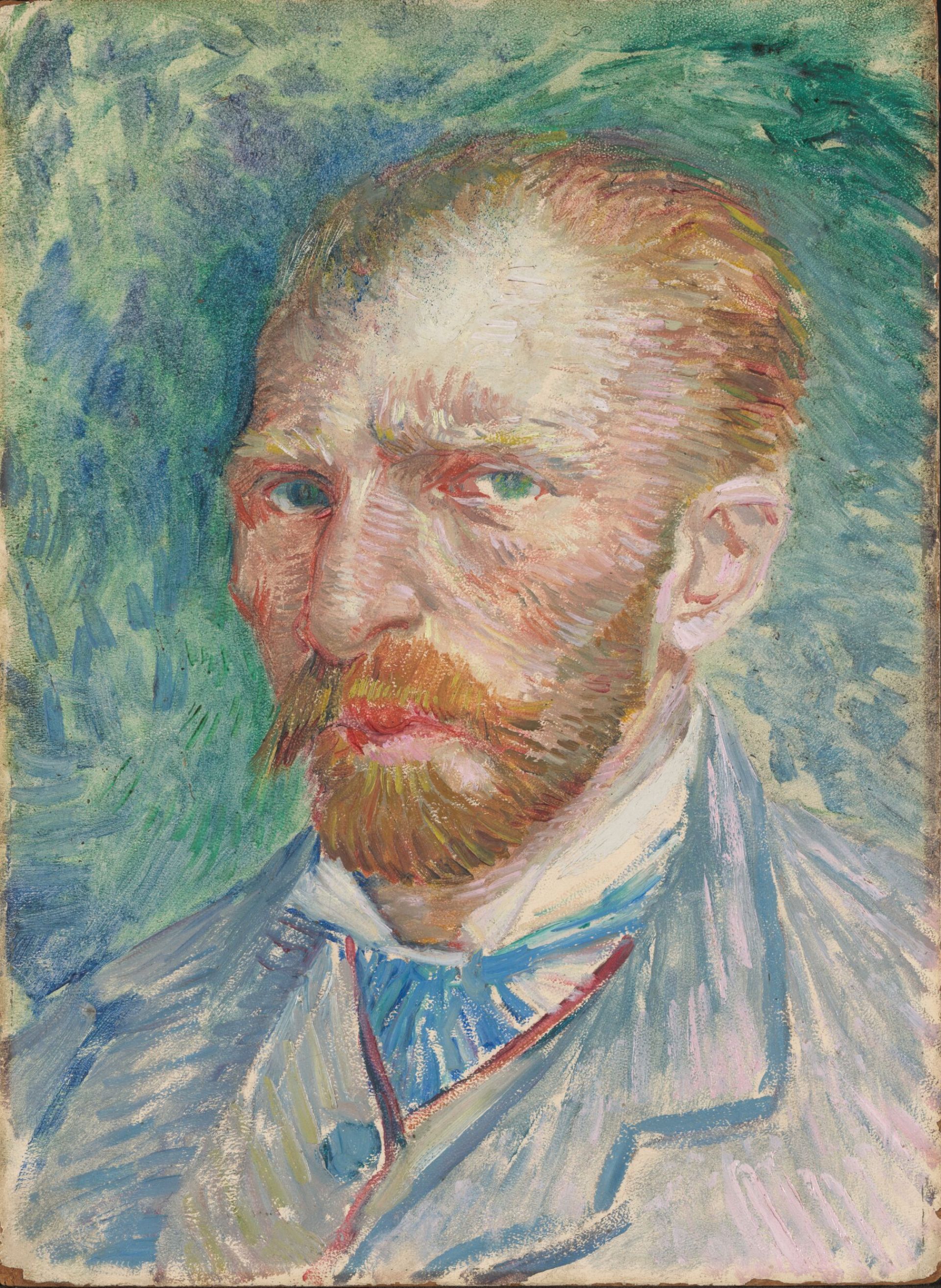 Schilderij met portret van Vincent van Gogh met een blauwe jas, oranje snor, baard en haar en groene ogen.